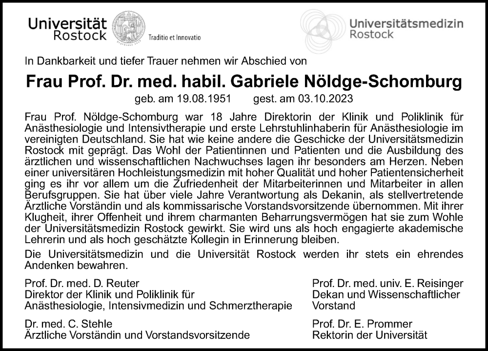  Traueranzeige für Gabriele F. E. Nöldge-Schomburg vom 14.10.2023 aus Ostsee-Zeitung GmbH