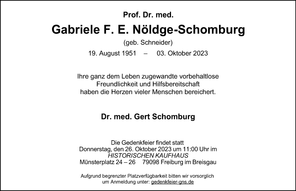  Traueranzeige für Gabriele F. E. Nöldge-Schomburg vom 14.10.2023 aus Ostsee-Zeitung GmbH