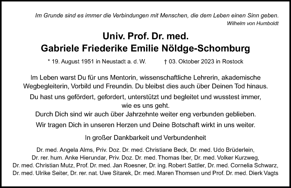  Traueranzeige für Gabriele F. E. Nöldge-Schomburg vom 14.10.2023 aus Ostsee-Zeitung GmbH