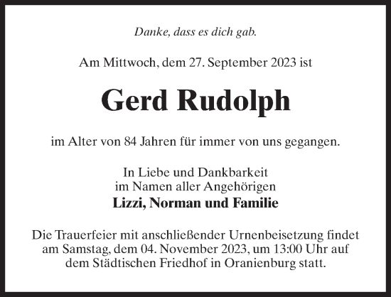 Traueranzeige von Gerd Rudolph von Märkischen Allgemeine Zeitung