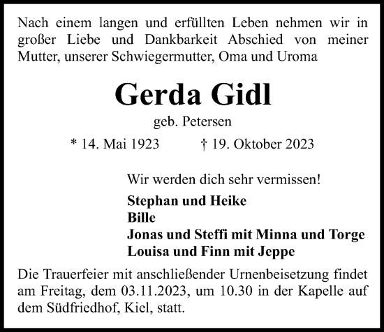 Traueranzeige von Gerda Gidl von Kieler Nachrichten