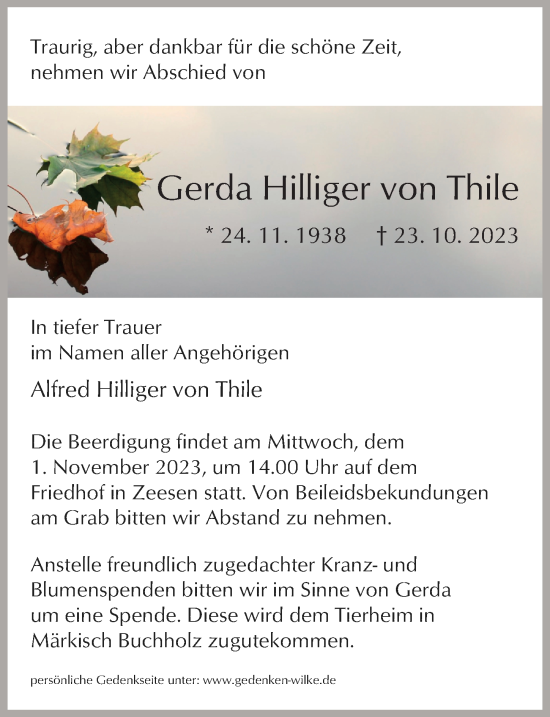 Traueranzeige von Gerda  Hilliger von Thile von Märkischen Allgemeine Zeitung