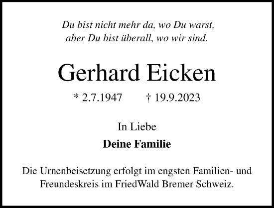 Traueranzeige von Gerhard Eicken von Lübecker Nachrichten