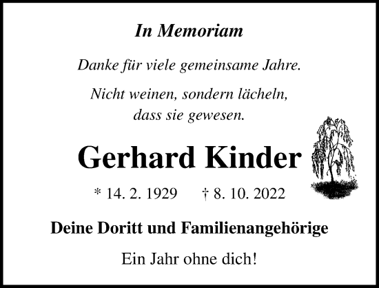 Traueranzeige von Gerhard Kinder von Ostsee-Zeitung GmbH