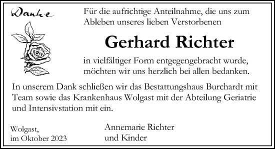 Traueranzeige von Gerhard Richter von Ostsee-Zeitung GmbH