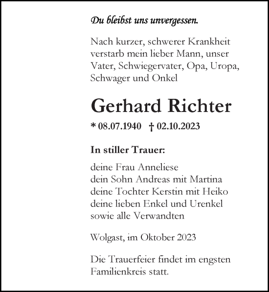 Traueranzeige von Gerhard Richter von Ostsee-Zeitung GmbH