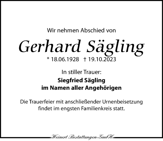 Traueranzeige von Gerhard Sägling von Torgauer Zeitung
