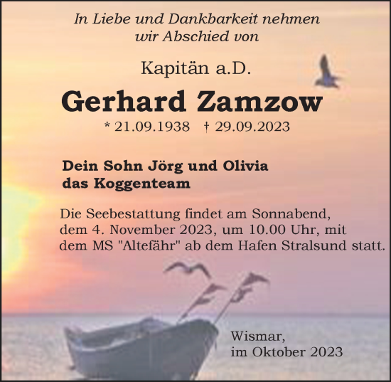 Traueranzeige von Gerhard Zamzow von Ostsee-Zeitung GmbH