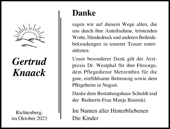 Traueranzeige von Gertrud Knaack von Ostsee-Zeitung GmbH