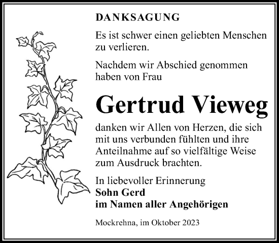 Traueranzeige von Gertrud Vieweg von Torgauer Zeitung