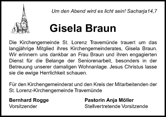 Traueranzeige von Gisela Braun von Lübecker Nachrichten