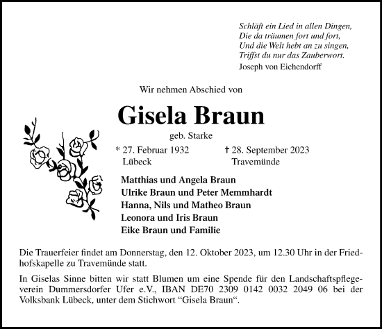 Traueranzeige von Gisela Braun von Lübecker Nachrichten