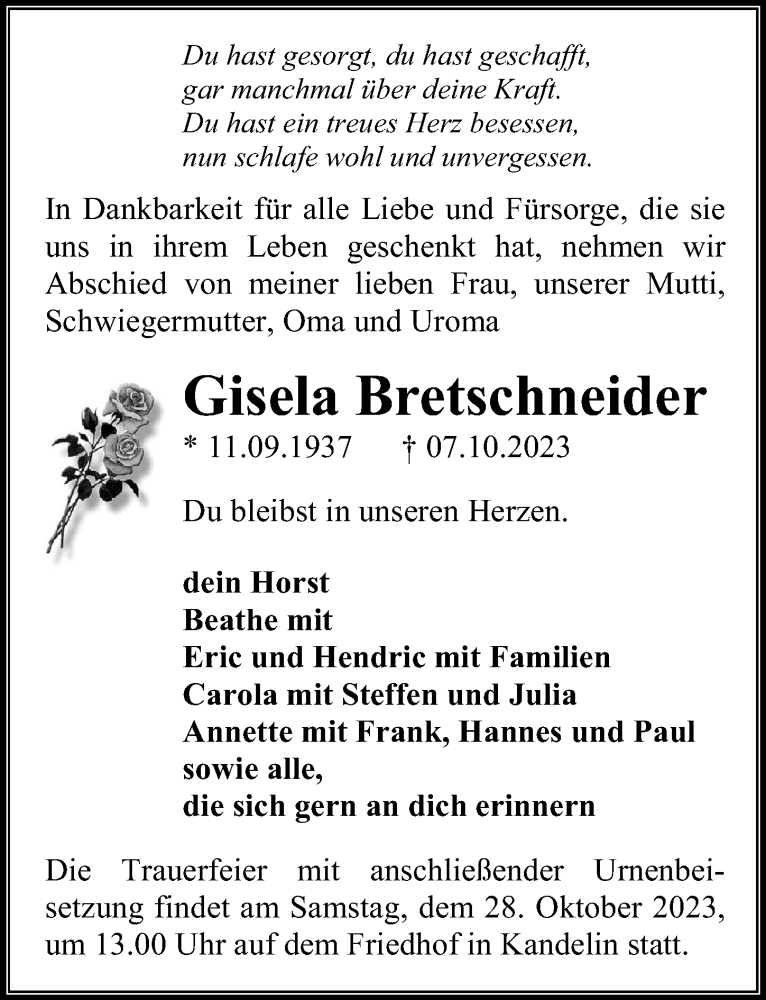  Traueranzeige für Gisela Bretschneider vom 21.10.2023 aus Ostsee-Zeitung GmbH
