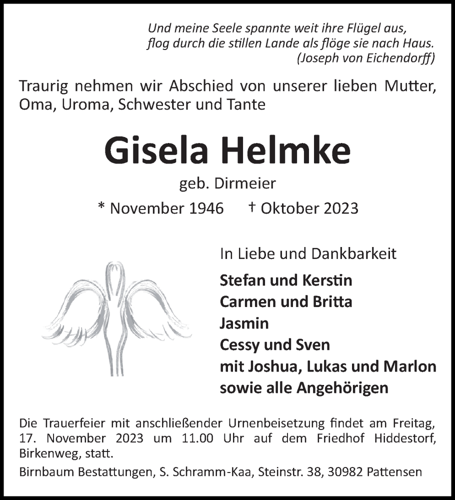  Traueranzeige für Gisela Helmke vom 28.10.2023 aus Hannoversche Allgemeine Zeitung/Neue Presse