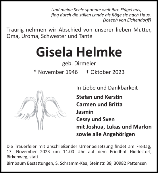 Traueranzeige von Gisela Helmke von Hannoversche Allgemeine Zeitung/Neue Presse