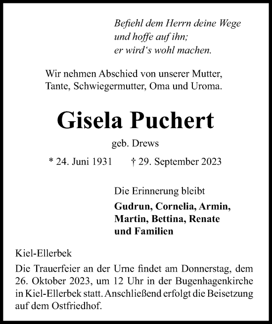 Traueranzeige von Gisela Puchert von Kieler Nachrichten