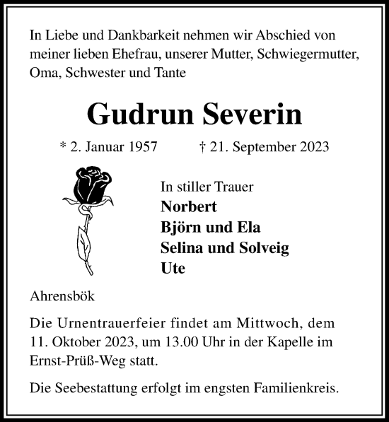 Traueranzeige von Gudrun Severin von Lübecker Nachrichten