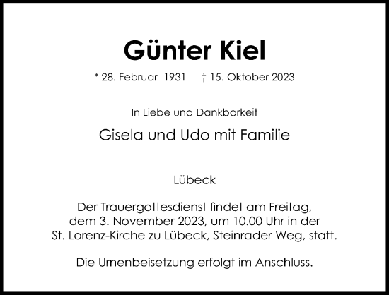 Traueranzeige von Günter Kiel von Lübecker Nachrichten