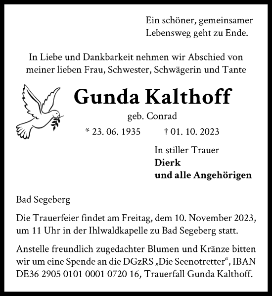 Traueranzeige von Gunda Kalthoff von Lübecker Nachrichten