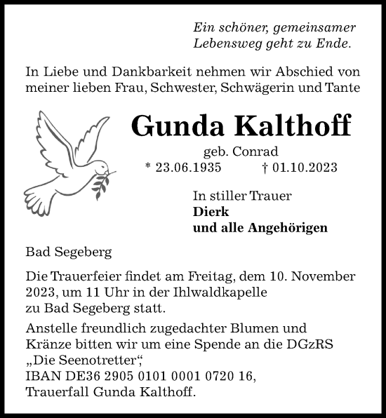 Traueranzeige von Gunda Kalthoff von Kieler Nachrichten