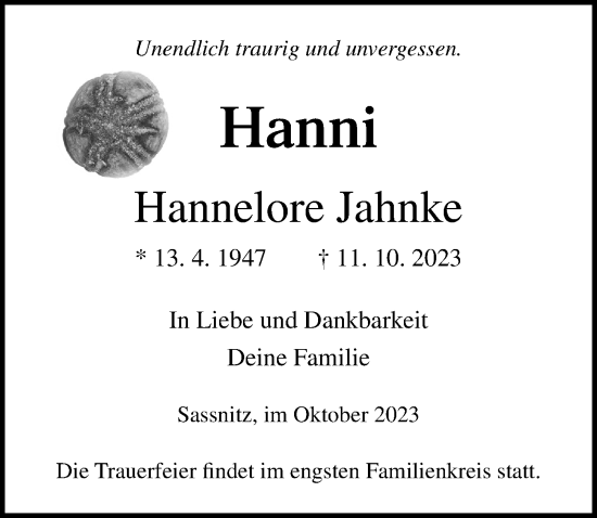 Traueranzeige von Hannelore Jahnke von Ostsee-Zeitung GmbH
