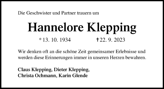 Traueranzeige von Hannelore Klepping von Ostsee-Zeitung GmbH