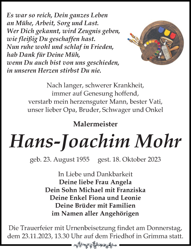  Traueranzeige für Hans-Joachim Mohr vom 28.10.2023 aus Leipziger Volkszeitung