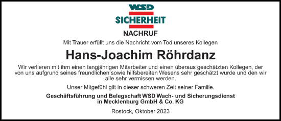 Traueranzeige von Hans-Joachim Röhrdanz von Ostsee-Zeitung GmbH