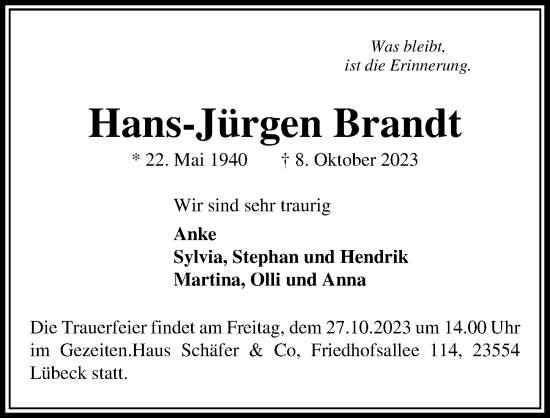 Traueranzeige von Hans-Jürgen Brandt von Lübecker Nachrichten