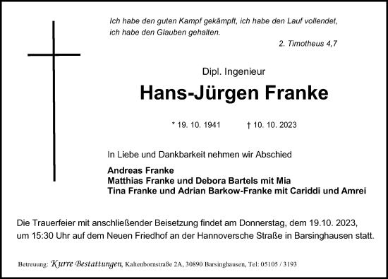 Traueranzeige von Hans-Jürgen Franke von Hannoversche Allgemeine Zeitung/Neue Presse
