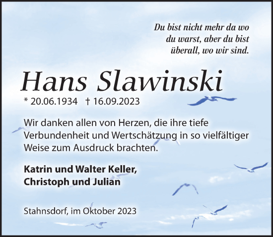 Traueranzeige von Hans Slawinski von Märkischen Allgemeine Zeitung