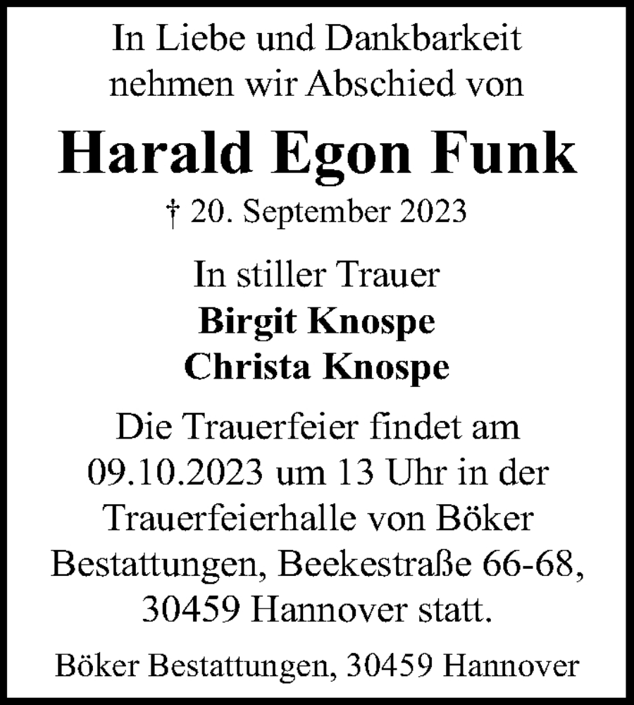  Traueranzeige für Harald Egon Funk vom 07.10.2023 aus Hannoversche Allgemeine Zeitung/Neue Presse