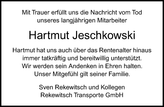 Traueranzeige von Hartmut Jeschkowski von Ostsee-Zeitung GmbH