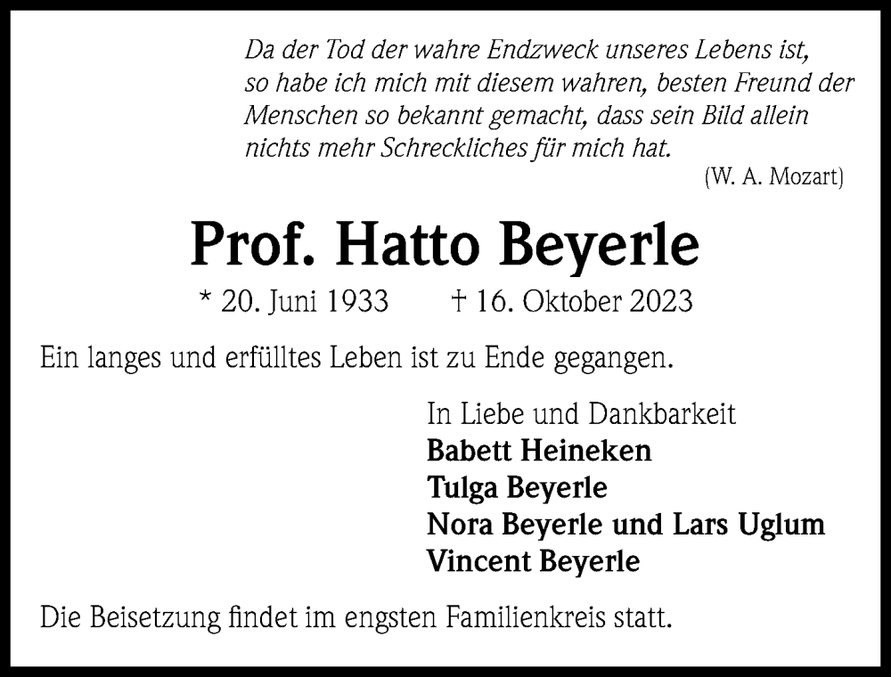  Traueranzeige für Hatto Beyerle vom 21.10.2023 aus Hannoversche Allgemeine Zeitung/Neue Presse