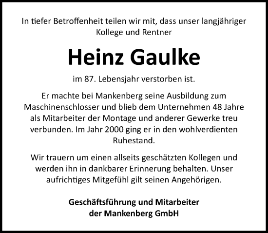 Traueranzeige von Heinz Gaulke von Lübecker Nachrichten