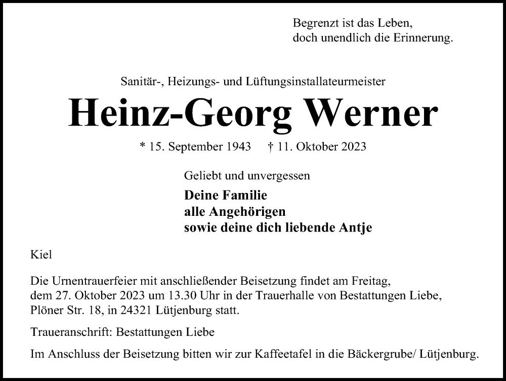  Traueranzeige für Heinz-Georg Werner vom 21.10.2023 aus Kieler Nachrichten