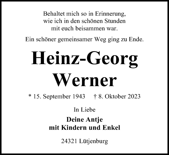 Traueranzeige von Heinz-Georg Werner von Kieler Nachrichten