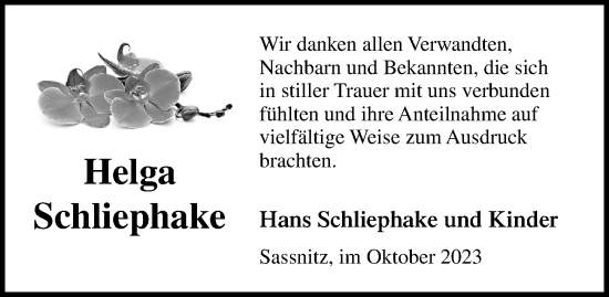 Traueranzeige von Helga Schliephake von Ostsee-Zeitung GmbH