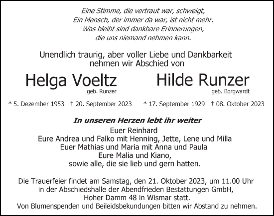 Traueranzeige von Helga Voeltz von Ostsee-Zeitung GmbH