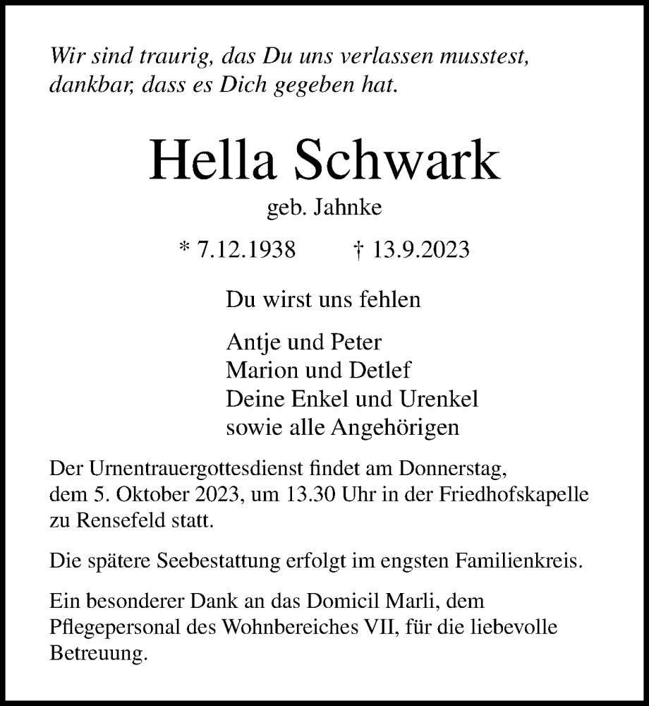  Traueranzeige für Hella Schwark vom 01.10.2023 aus Lübecker Nachrichten