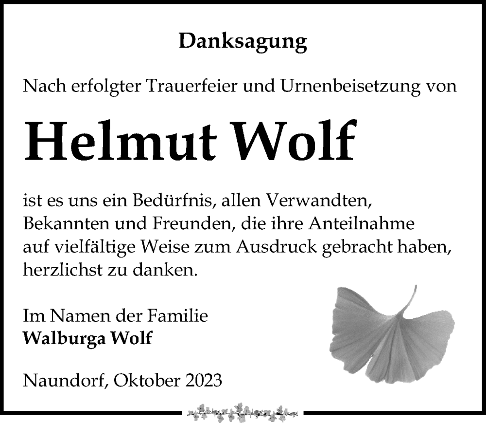  Traueranzeige für Helmut Wolf vom 07.10.2023 aus Leipziger Volkszeitung