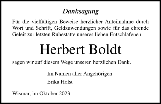 Traueranzeige von Herbert Boldt von Ostsee-Zeitung GmbH