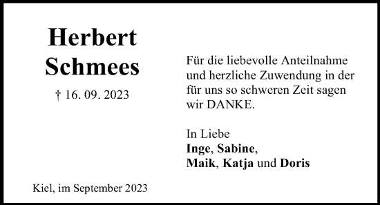 Traueranzeige von Herbert Schmees von Kieler Nachrichten