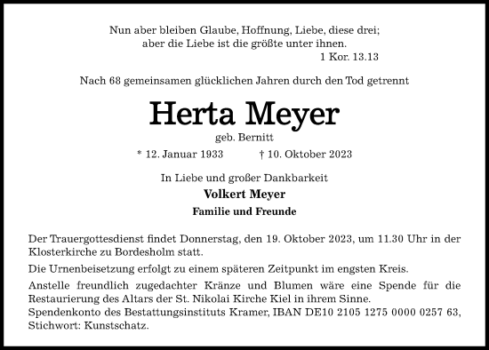 Traueranzeige von Herta Meyer von Kieler Nachrichten