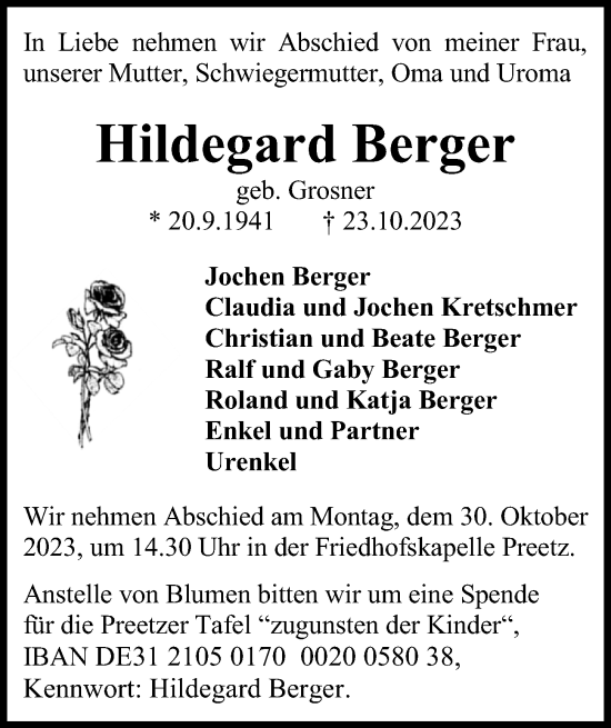 Traueranzeige von Hildegard Berger von Kieler Nachrichten