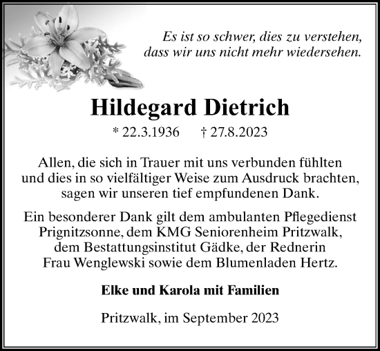 Traueranzeige von Hildegard Dietrich von Wochenspiegel