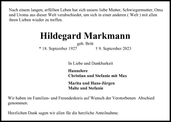Traueranzeige von Hildegard Markmann von Lübecker Nachrichten