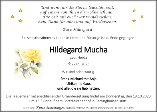 Traueranzeige von Hildegard Mucha von Hannoversche Allgemeine Zeitung/Neue Presse