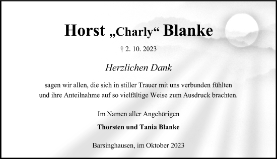 Traueranzeige von Horst  Blanke von Hannoversche Allgemeine Zeitung/Neue Presse