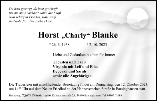 Traueranzeige von Horst  Blanke von Hannoversche Allgemeine Zeitung/Neue Presse